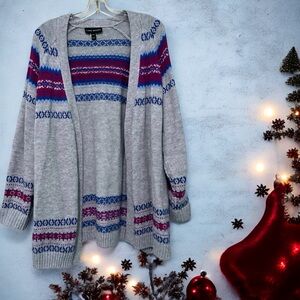 Lane Bryant Fair Isle Cardigan, Sz 14/16, Gray w/Blue, Burgundy, Silver Metallic